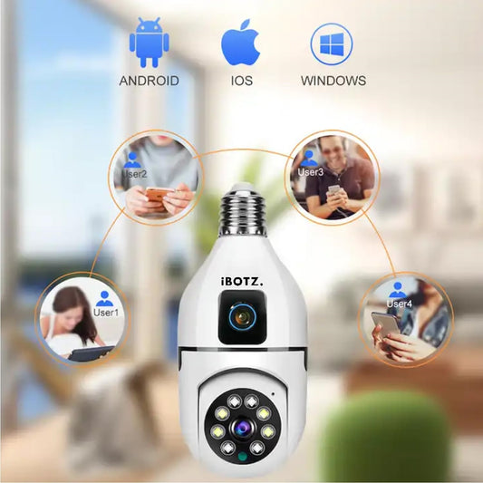 Ibotz 2-in-1 Dual Lens Dual Screen Bulb WiFi Wireless 4MP HD Live View, Bullet+PTZ Control, Two Way Talk, Color Night Vision, max 128gb sd Card Support Indoor Camera (Dual Lens Light Bulb)