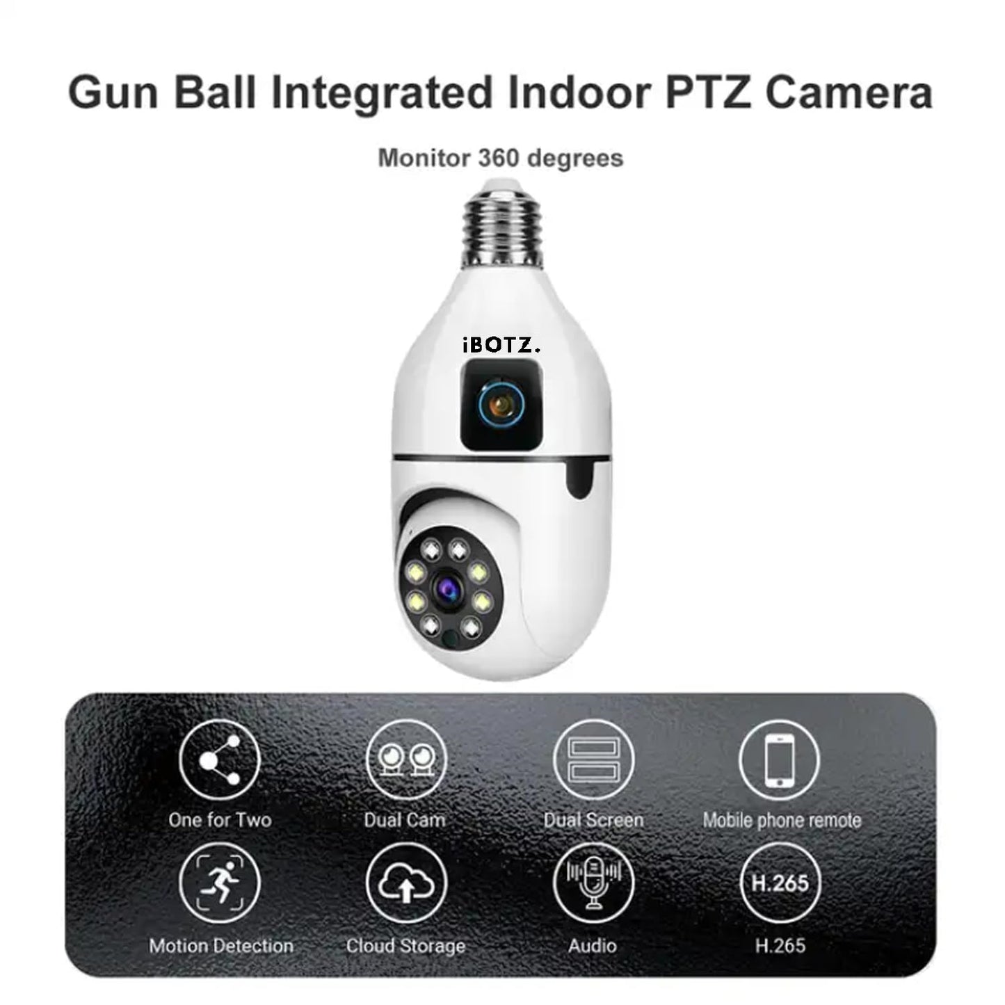 Ibotz 2-in-1 Dual Lens Dual Screen Bulb WiFi Wireless 4MP HD Live View, Bullet+PTZ Control, Two Way Talk, Color Night Vision, max 128gb sd Card Support Indoor Camera (Dual Lens Light Bulb)