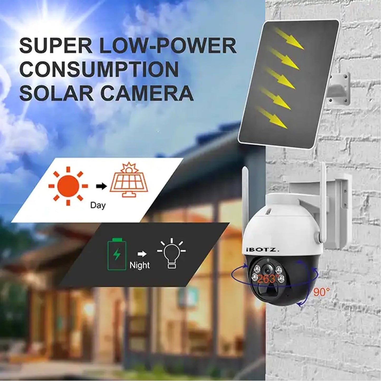 Ibotz Stellar Solar 4G SIM 4Mp Pan & Tilt Zoom CCTV Camera, Outdoor Camera, Weatherproof, 2 Way Talk, Motion Detect, Supports SD Card Up to 256 GB, Colored Night Vision, Alexa & Ok Google