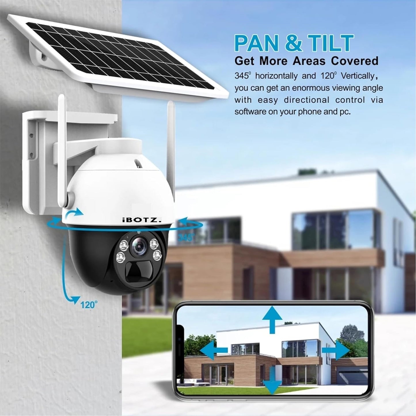 Ibotz Stellar Solar 4G SIM 4Mp Pan & Tilt Zoom CCTV Camera, Outdoor Camera, Weatherproof, 2 Way Talk, Motion Detect, Supports SD Card Up to 256 GB, Colored Night Vision, Alexa & Ok Google