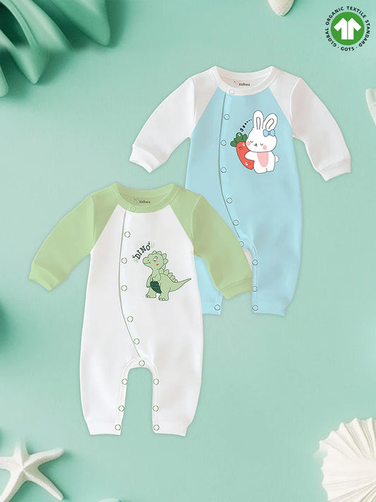 Pack of 2 Full Sleeves 100% Organic cotton Bunny and Dino Print Romper – Green & Blue