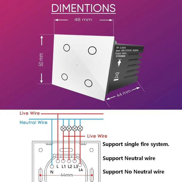 iBotz SW4 Wi-Fi Smart Modular 4 Gang Touch Switch for Home automation, Energy Monitoring, Remote Control | Suitable for fans, lights & 10A socket | Works with Alexa, Google Assistance & Siri (White)