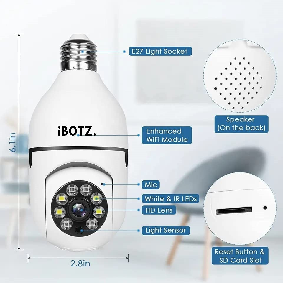 IBOTZ 360 Light Bulb Wireless IP WiFi Camera, Bulb Camera, 1080p WiFi Auto Rotation Fish Eye 360 Degree Panoramic Mini Lamp IR CCTV 1440p Wireless Camera (BC-M102)