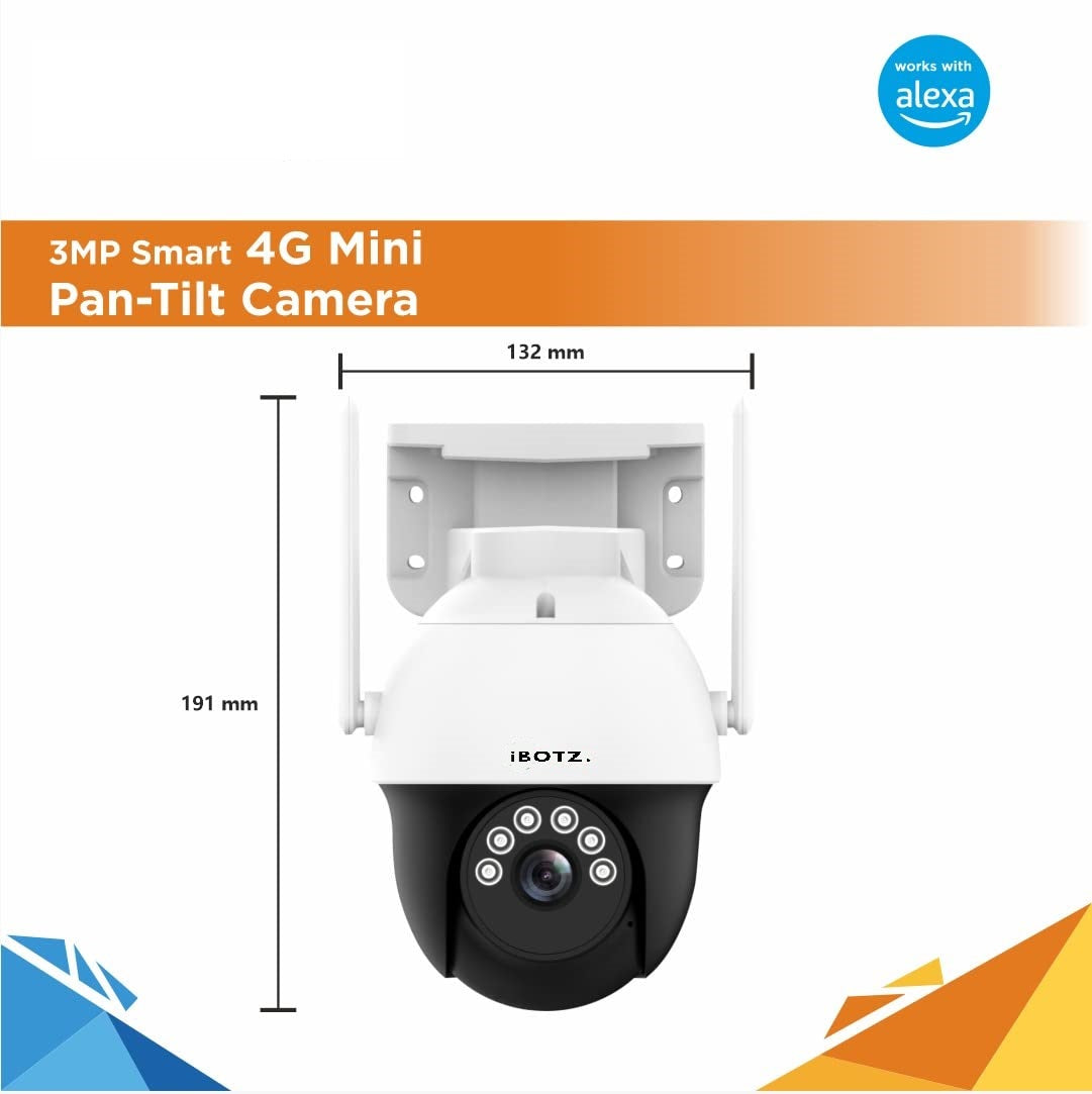 Ibotz 3Mp HD 4G SIM Based Pan Tilt CCTV Camera, Outdoor Indoor Security Camera, Water Proof, 2 Way Talk, Cloud Storage, Motion Detect, Supports SD Card Up to 256 GB, Color Night Vision, Alexa