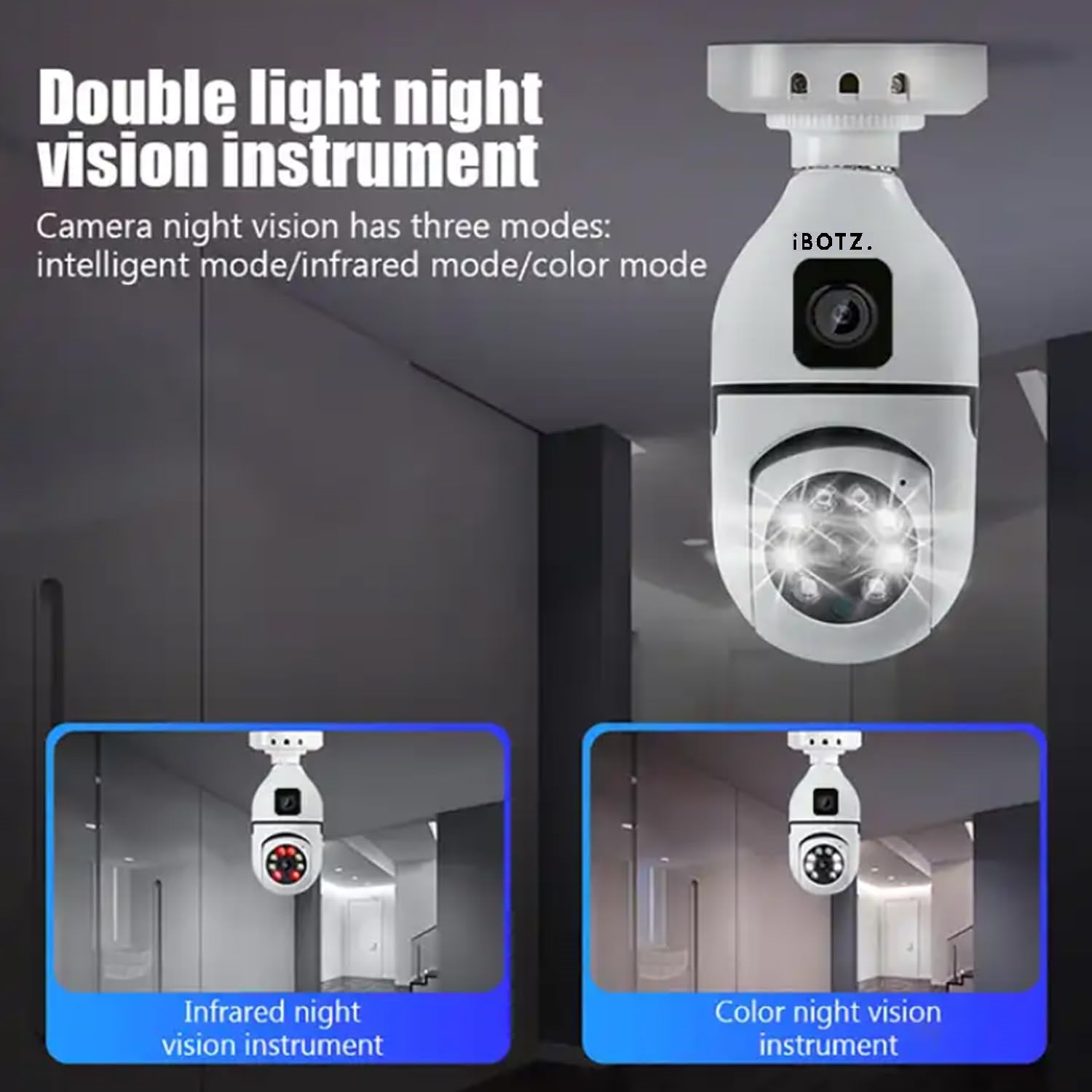 Ibotz 2-in-1 Dual Lens Dual Screen Bulb WiFi Wireless 4MP HD Live View, Bullet+PTZ Control, Two Way Talk, Color Night Vision, max 128gb sd Card Support Indoor Camera (Dual Lens Light Bulb)