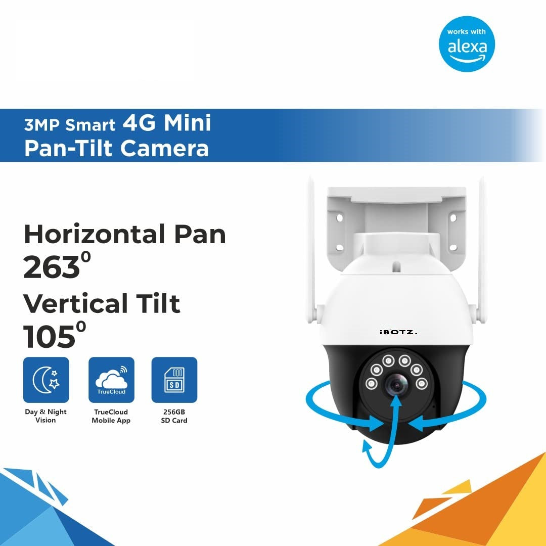 Ibotz 3Mp HD 4G SIM Based Pan Tilt CCTV Camera, Outdoor Indoor Security Camera, Water Proof, 2 Way Talk, Cloud Storage, Motion Detect, Supports SD Card Up to 256 GB, Color Night Vision, Alexa