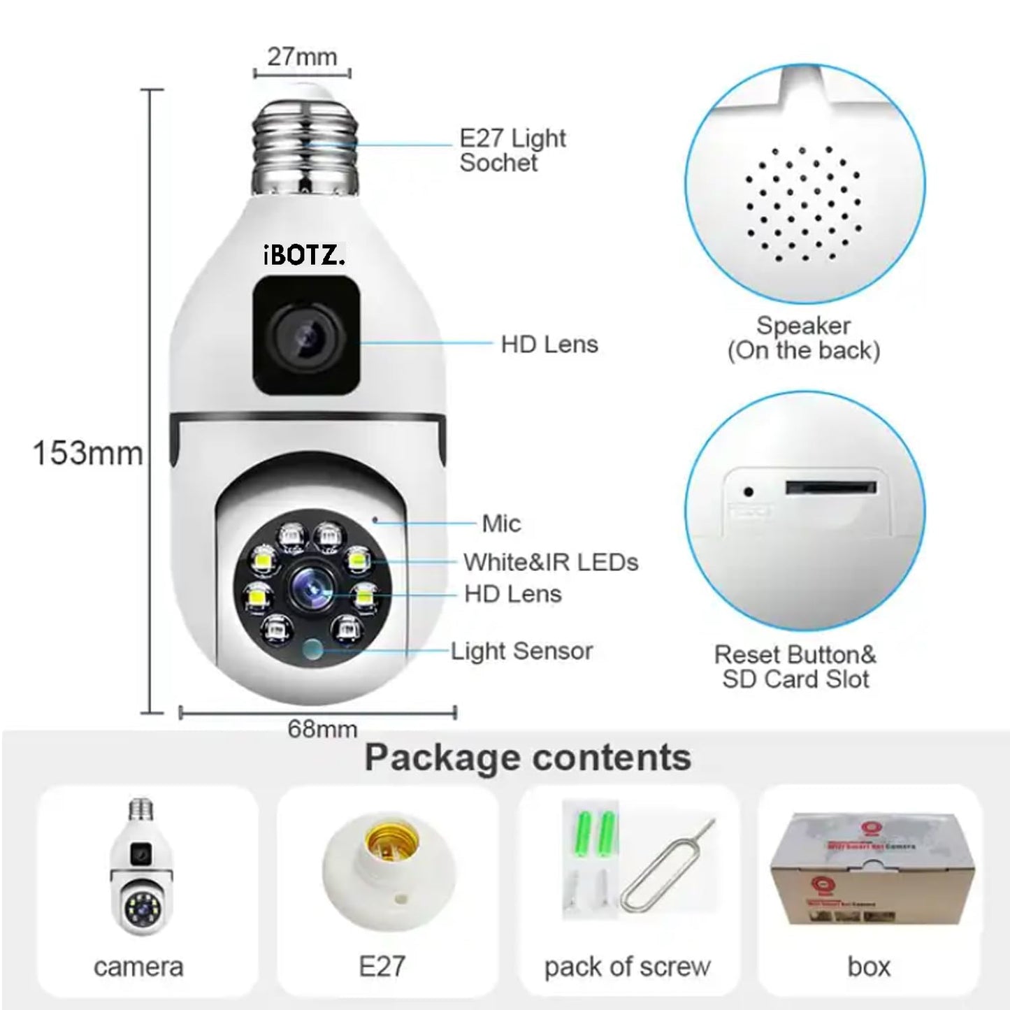 Ibotz 2-in-1 Dual Lens Dual Screen Bulb WiFi Wireless 4MP HD Live View, Bullet+PTZ Control, Two Way Talk, Color Night Vision, max 128gb sd Card Support Indoor Camera (Dual Lens Light Bulb)
