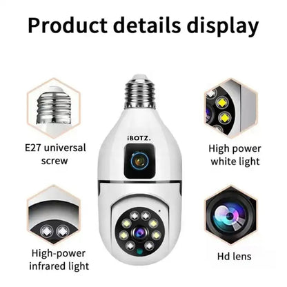 Ibotz 2-in-1 Dual Lens Dual Screen Bulb WiFi Wireless 4MP HD Live View, Bullet+PTZ Control, Two Way Talk, Color Night Vision, max 128gb sd Card Support Indoor Camera (Dual Lens Light Bulb)