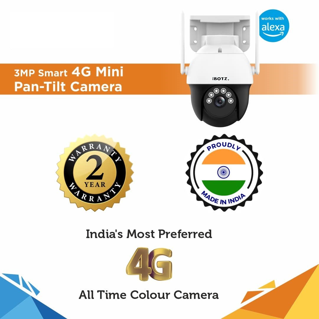 Ibotz 3Mp HD 4G SIM Based Pan Tilt CCTV Camera, Outdoor Indoor Security Camera, Water Proof, 2 Way Talk, Cloud Storage, Motion Detect, Supports SD Card Up to 256 GB, Color Night Vision, Alexa