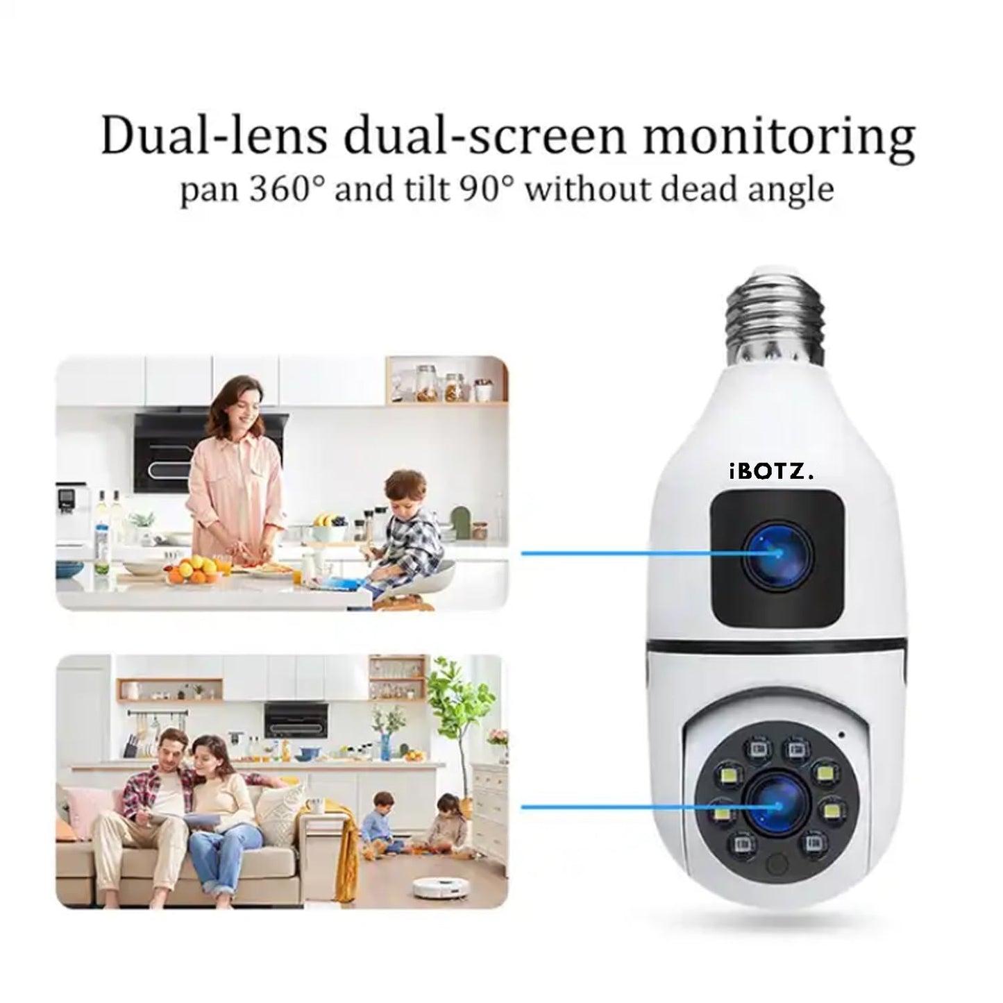 Ibotz 2-in-1 Dual Lens Dual Screen Bulb WiFi Wireless 4MP HD Live View, Bullet+PTZ Control, Two Way Talk, Color Night Vision, max 128gb sd Card Support Indoor Camera (Dual Lens Light Bulb)