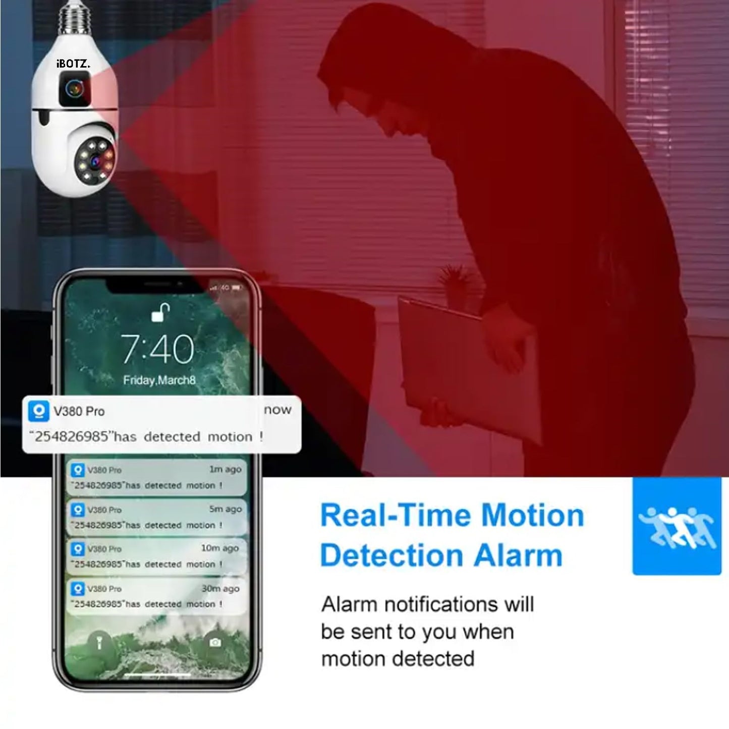 Ibotz 2-in-1 Dual Lens Dual Screen Bulb WiFi Wireless 4MP HD Live View, Bullet+PTZ Control, Two Way Talk, Color Night Vision, max 128gb sd Card Support Indoor Camera (Dual Lens Light Bulb)