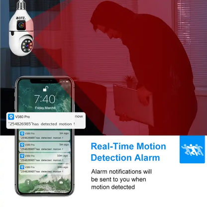 Ibotz 2-in-1 Dual Lens Dual Screen Bulb WiFi Wireless 4MP HD Live View, Bullet+PTZ Control, Two Way Talk, Color Night Vision, max 128gb sd Card Support Indoor Camera (Dual Lens Light Bulb)