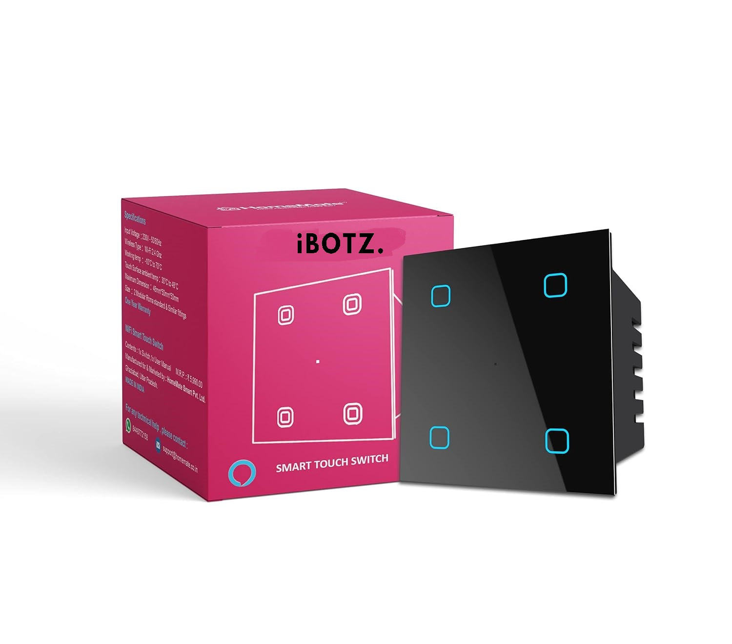 iBotz SW4 Wi-Fi Smart Modular 4 Gang Touch Switch for Home automation, Energy Monitoring, Remote Control | Suitable for fans, lights & 10A socket | Works with Alexa, Google Assistance & Siri (White)
