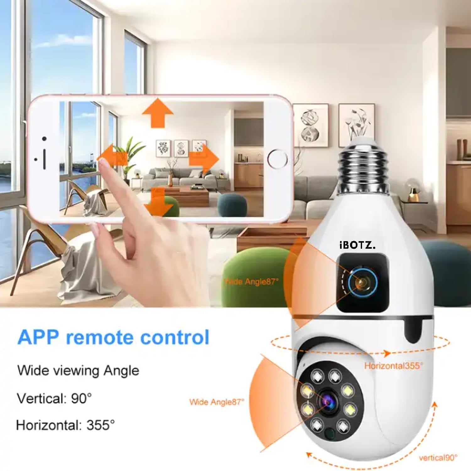 Ibotz 2-in-1 Dual Lens Dual Screen Bulb WiFi Wireless 4MP HD Live View, Bullet+PTZ Control, Two Way Talk, Color Night Vision, max 128gb sd Card Support Indoor Camera (Dual Lens Light Bulb)