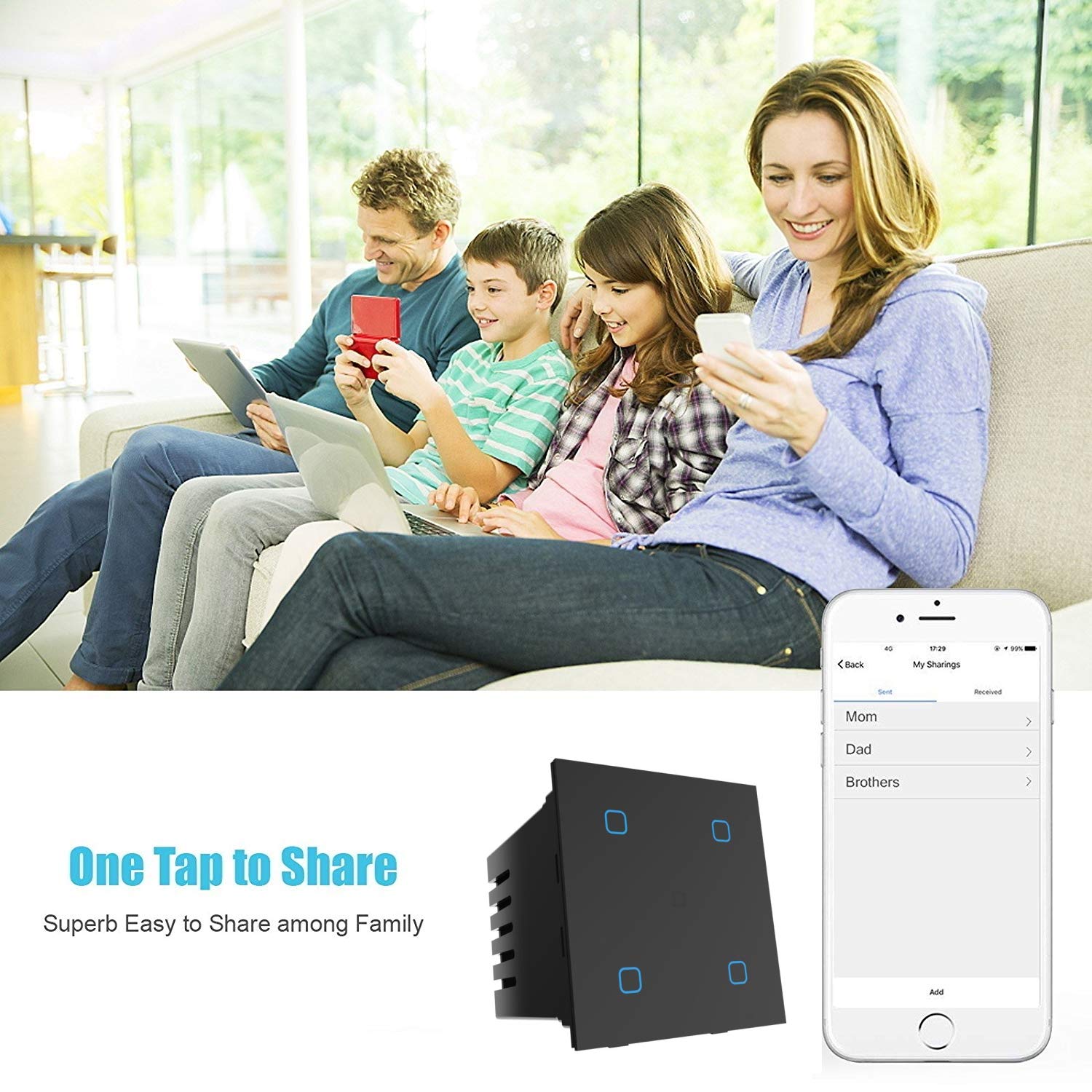 iBotz SW4 Wi-Fi Smart Modular 4 Gang Touch Switch for Home automation, Energy Monitoring, Remote Control | Suitable for fans, lights & 10A socket | Works with Alexa, Google Assistance & Siri (White)