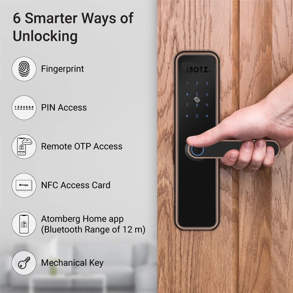 Ibotz SL101 Smart Door Lock | 6 Ways Unlocking | Fingerprint | PIN | Remote OTP | NFC Card | Mobile App | Key | 2 Stainless Steel Bolt | 2 Year Warranty