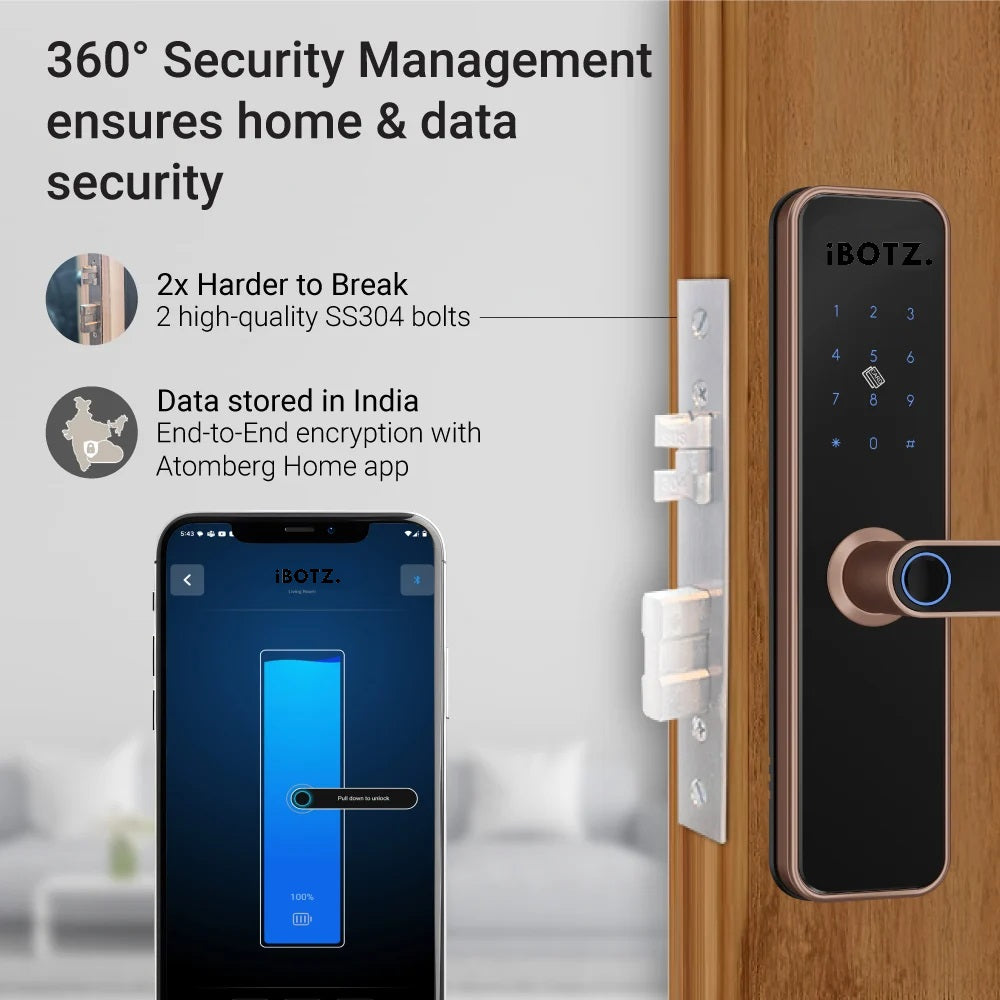 Ibotz SL101 Smart Door Lock | 6 Ways Unlocking | Fingerprint | PIN | Remote OTP | NFC Card | Mobile App | Key | 2 Stainless Steel Bolt | 2 Year Warranty