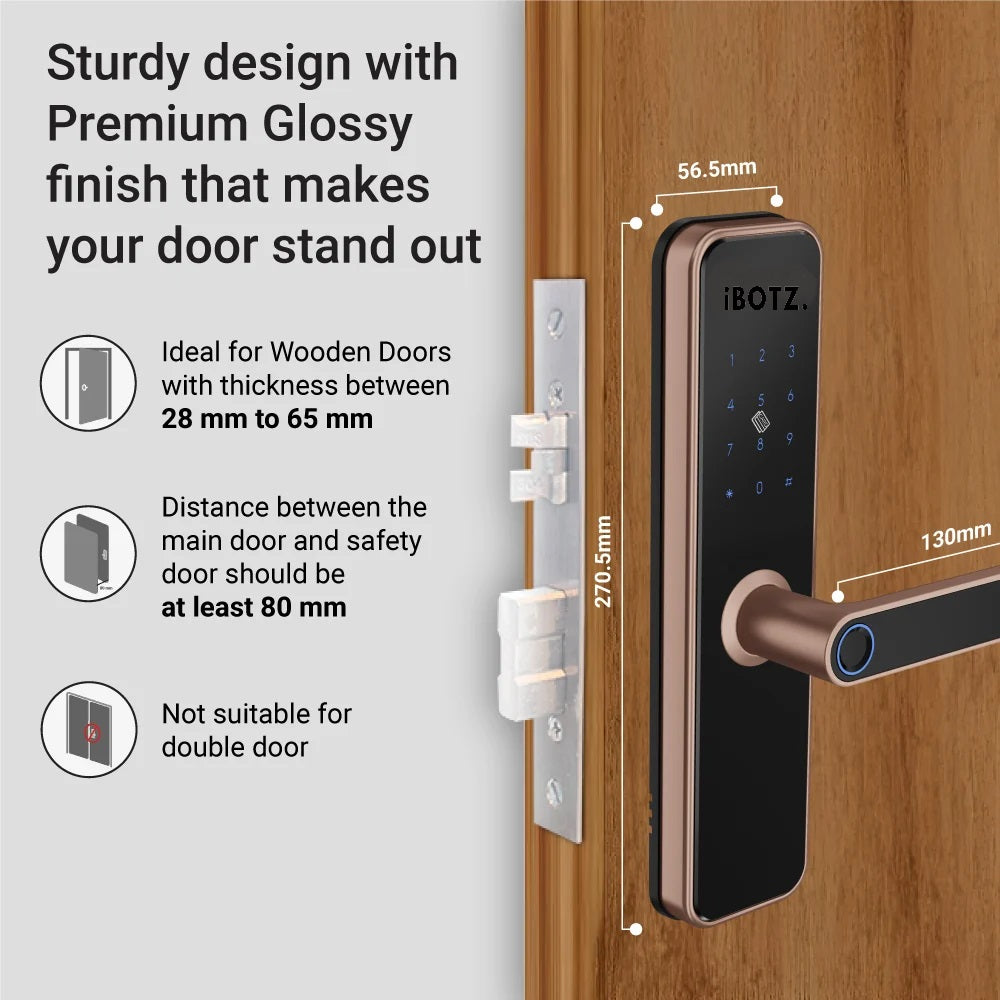 Ibotz SL101 Smart Door Lock | 6 Ways Unlocking | Fingerprint | PIN | Remote OTP | NFC Card | Mobile App | Key | 2 Stainless Steel Bolt | 2 Year Warranty